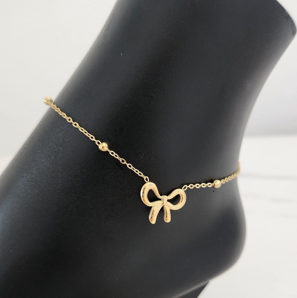 Gold Plated Bow Charm Beaded Chain Adjustable Dainty Anklet - Picture 3 of 12